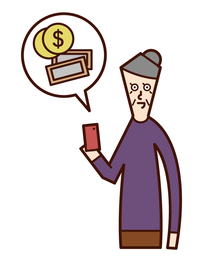 Illustration of a person (grandfather) who pays money with a credit card