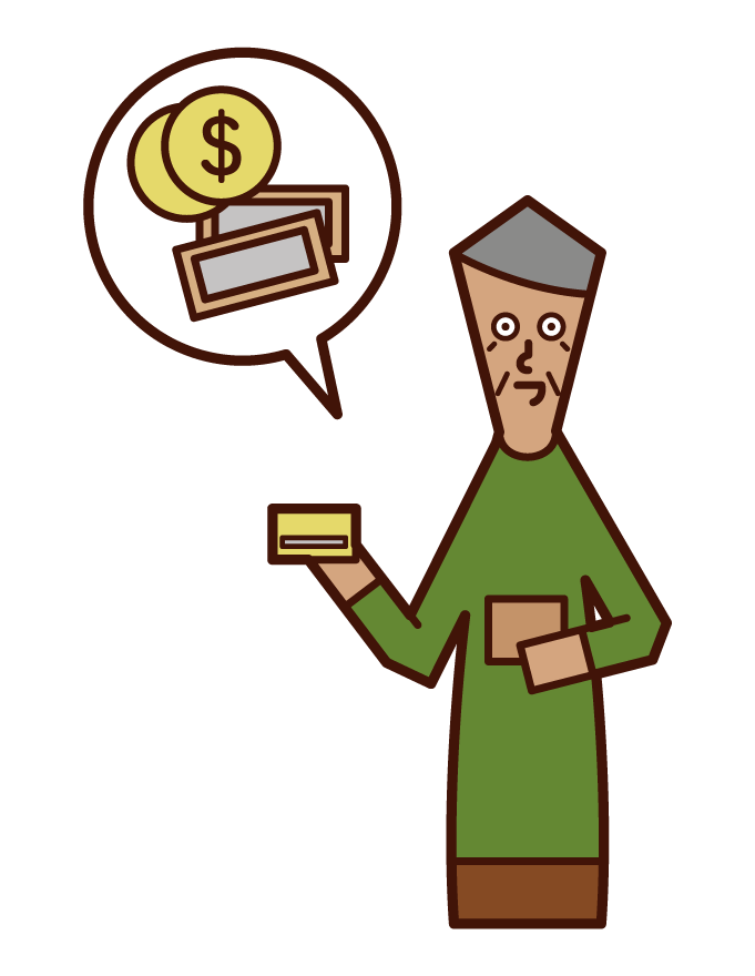 Illustration of a person (grandfather) who pays money with a credit card
