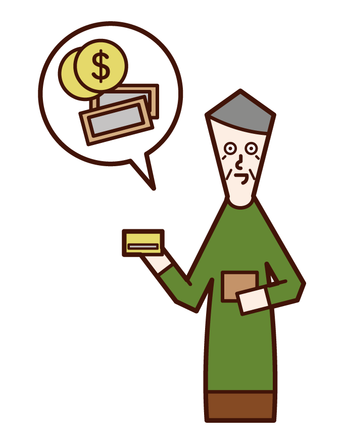 Illustration of a person (grandfather) who pays money with a credit card