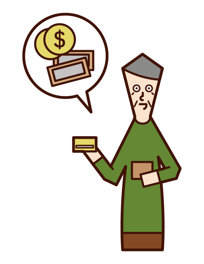 Illustration of a person (grandmother) paying money with a smartphone