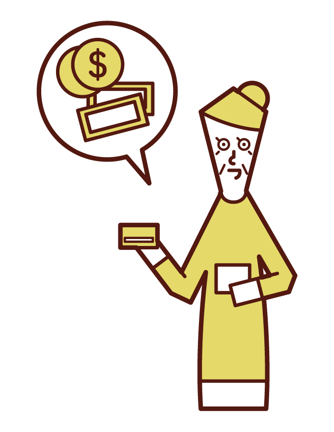 Illustration of a person (grandmother) paying money by credit card