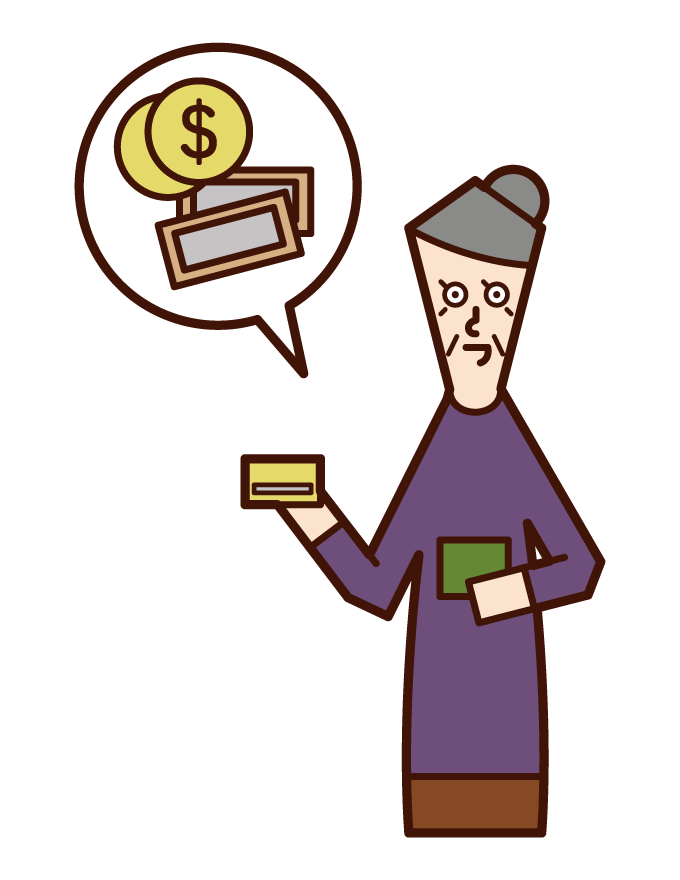 Illustration of a person (grandmother) paying money by credit card