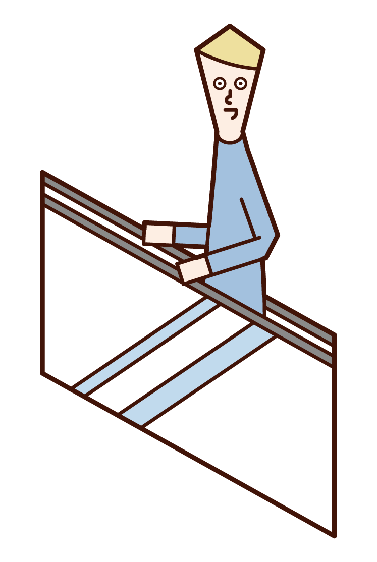 Illustration of a man riding an escalator