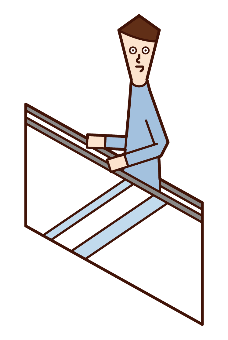 Illustration of a man riding an escalator