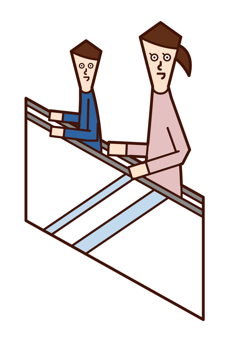 Illustration of parent and child riding escalator
