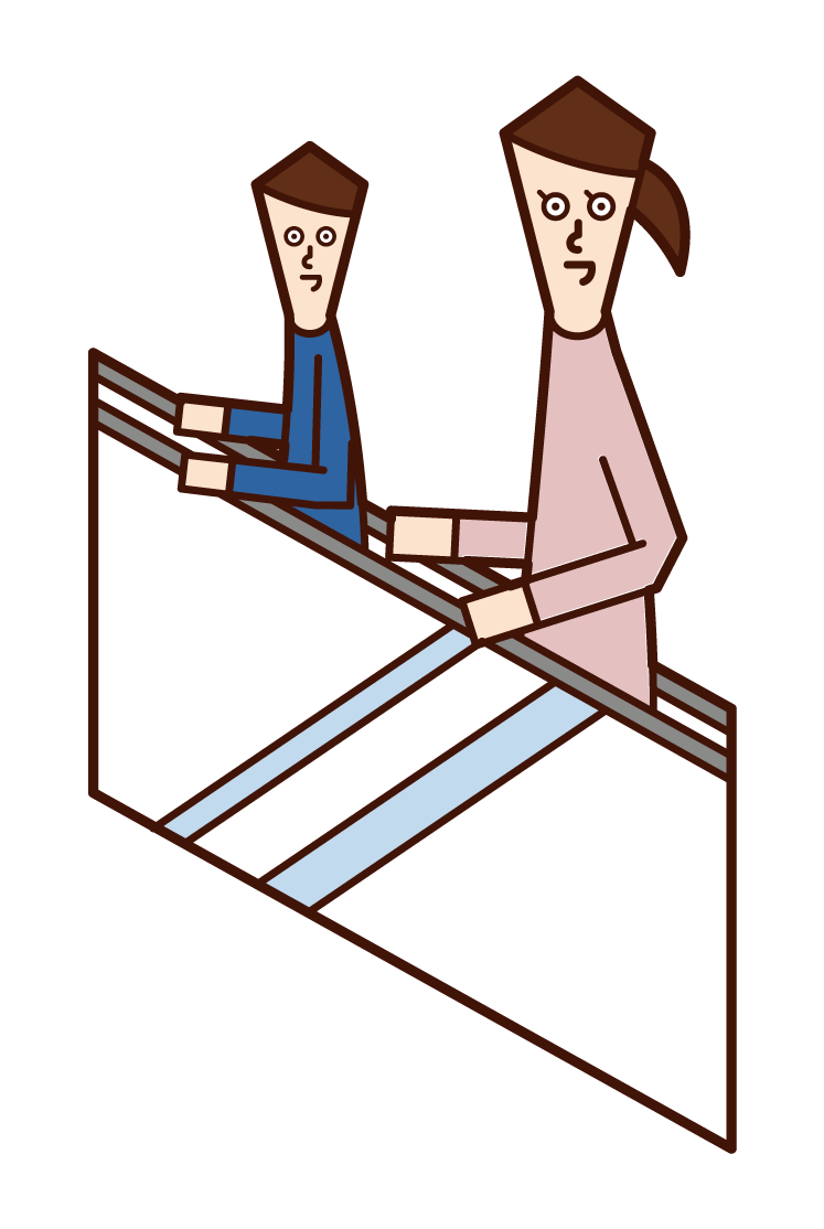 Illustration of a man riding an escalator