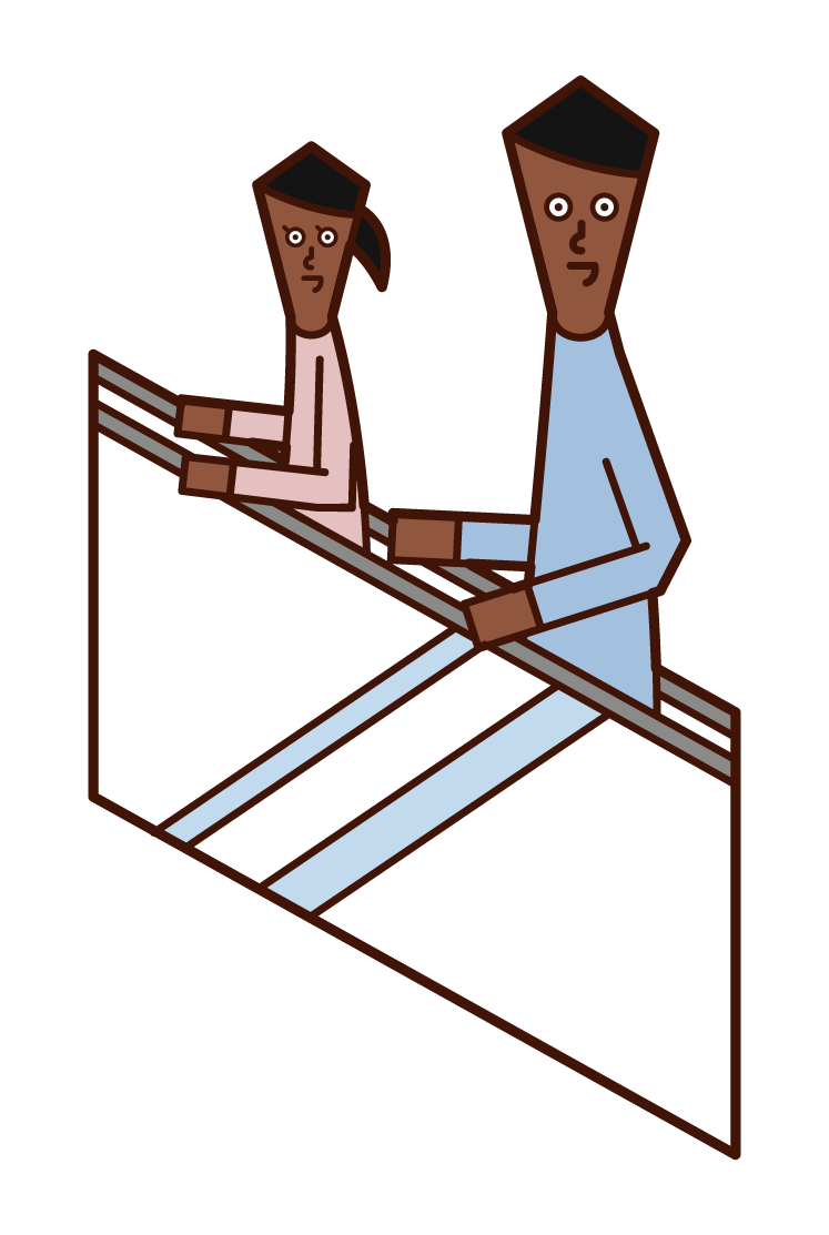 Illustration of parent and child riding escalator
