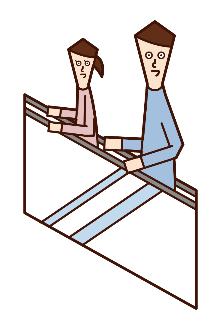 Illustration of parent and child riding escalator