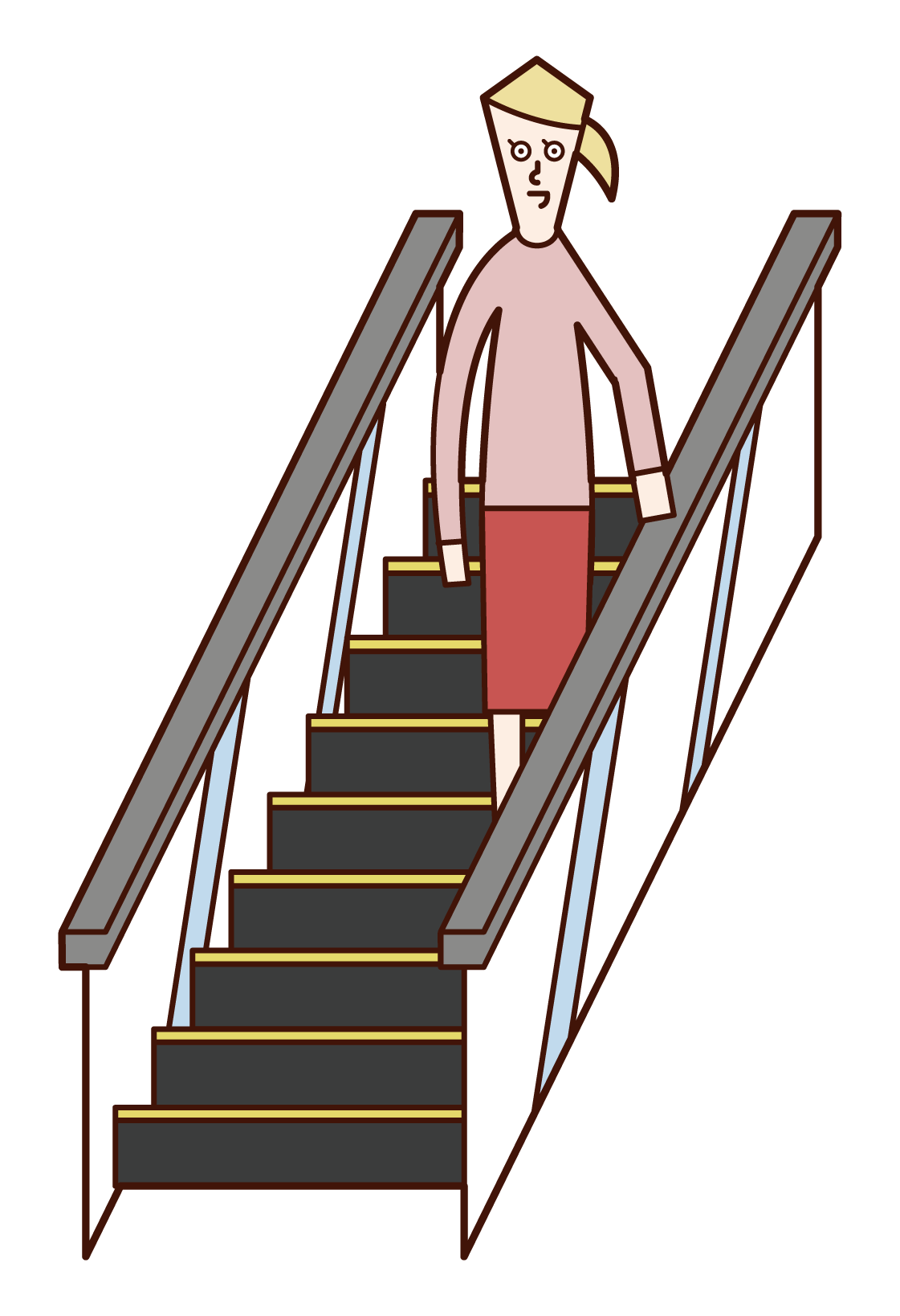 Illustration of a woman riding an escalator