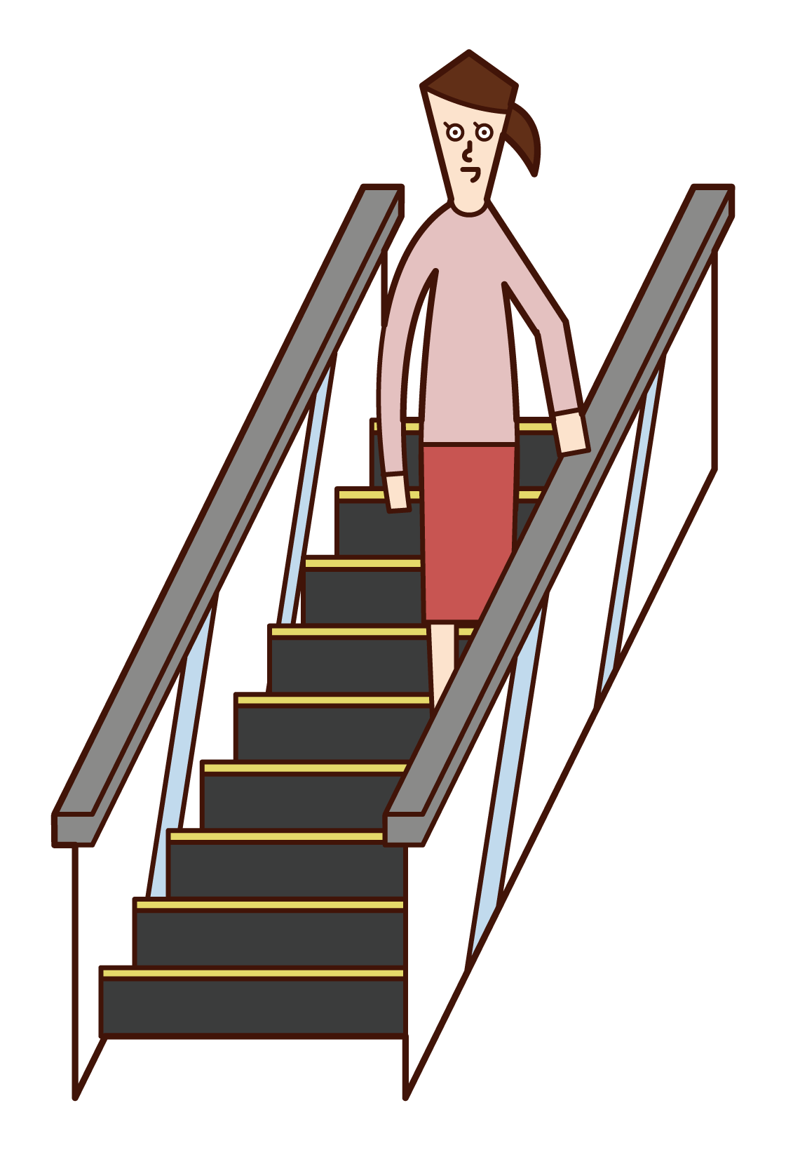 Illustration of a woman riding an escalator