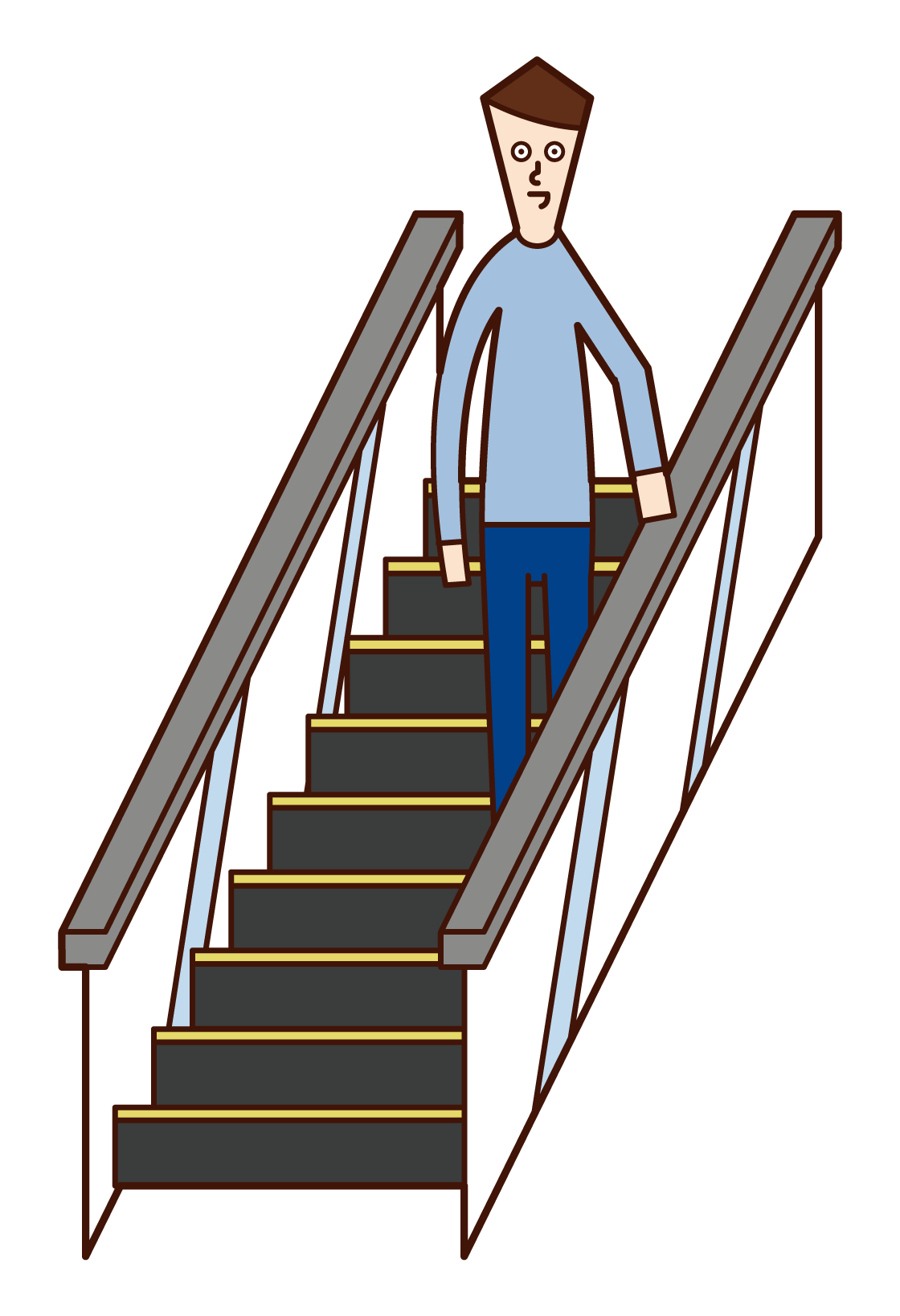 Illustration of a man riding an escalator