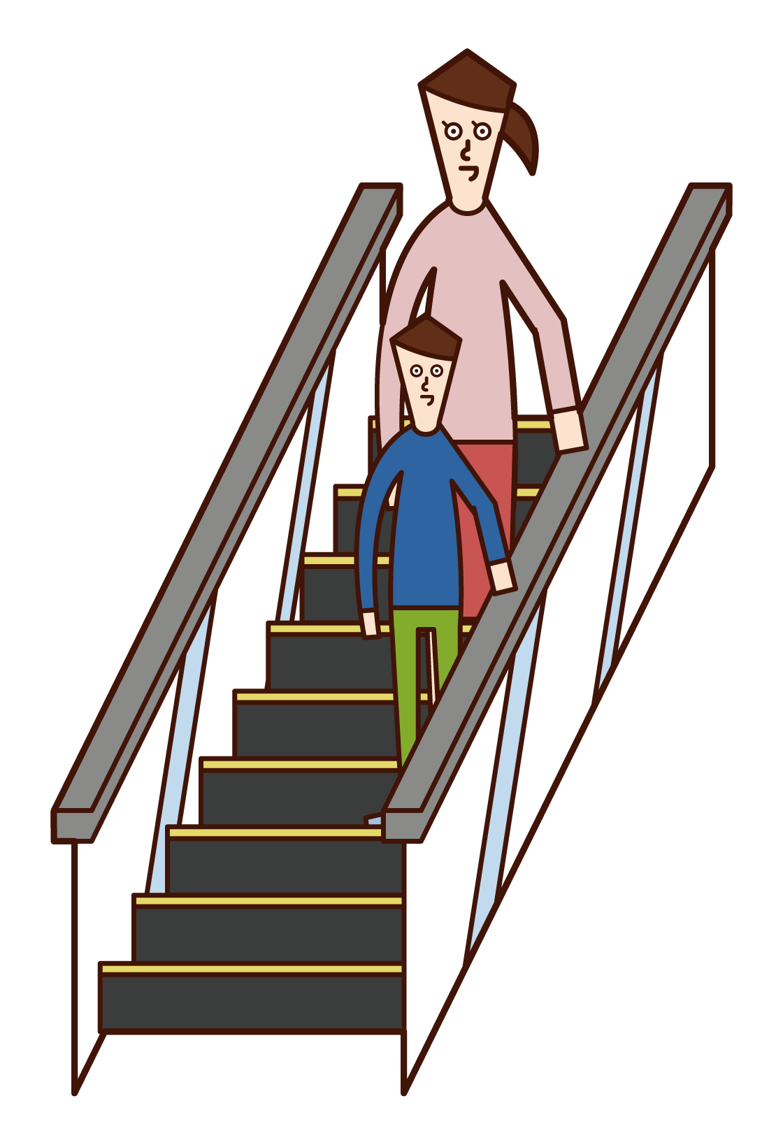 乘坐自動扶梯的父母和孩子的插圖