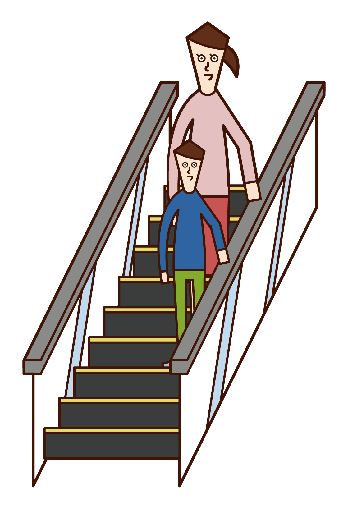 Illustration of a man riding an escalator