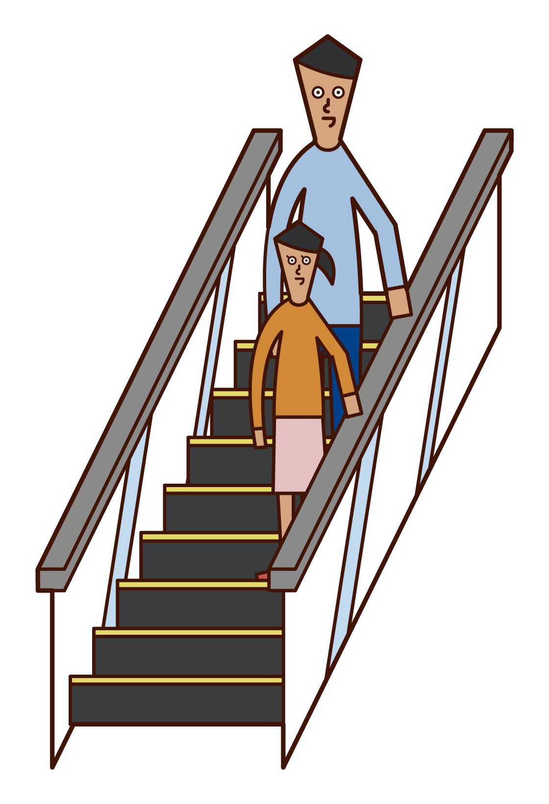 乘坐自動扶梯的父母和孩子的插圖