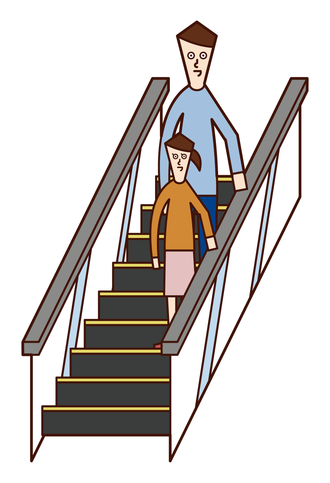 Illustration of parent and child riding escalator