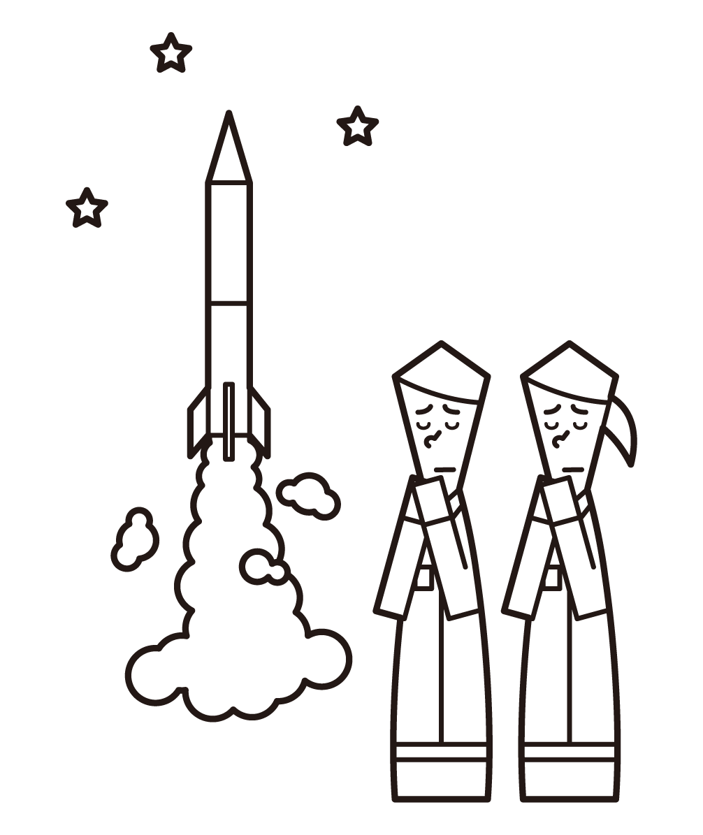 ロケットの打ち上げ成功を祈る人たちのイラスト