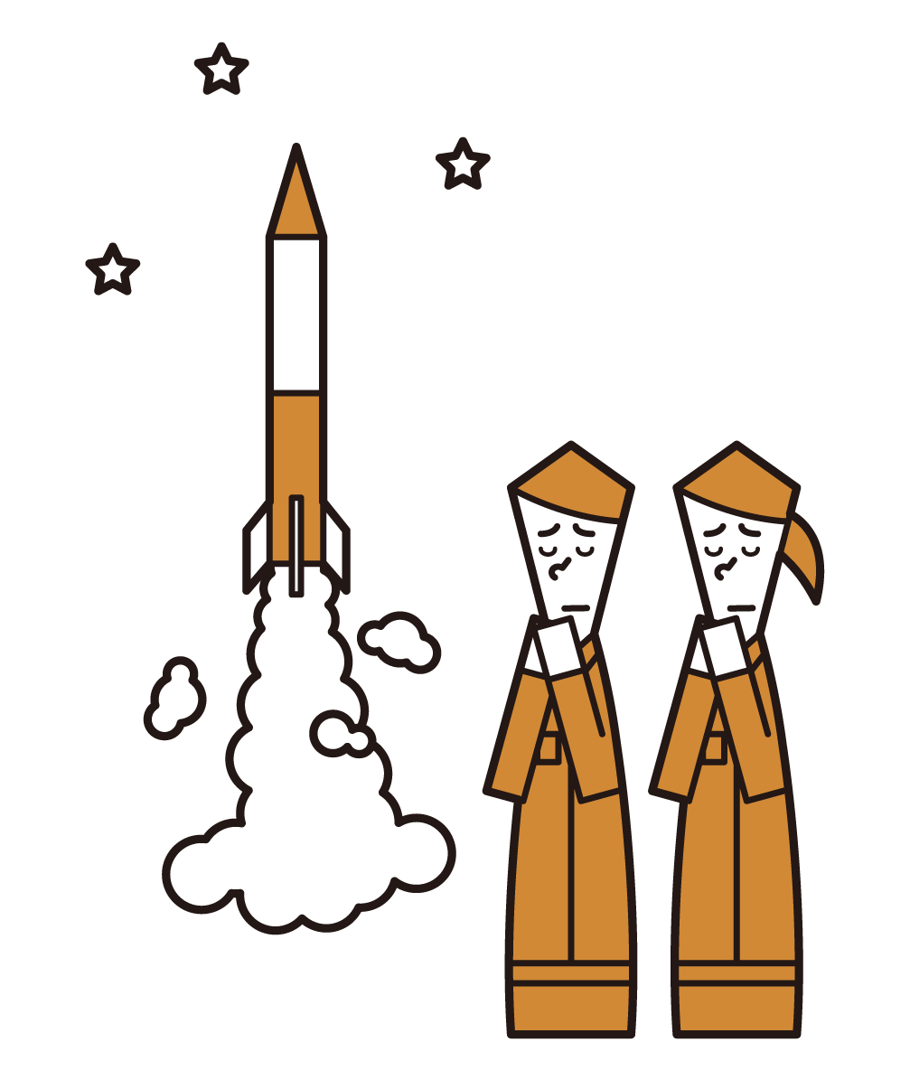 Illustration of people wishing for successful launch of rockets