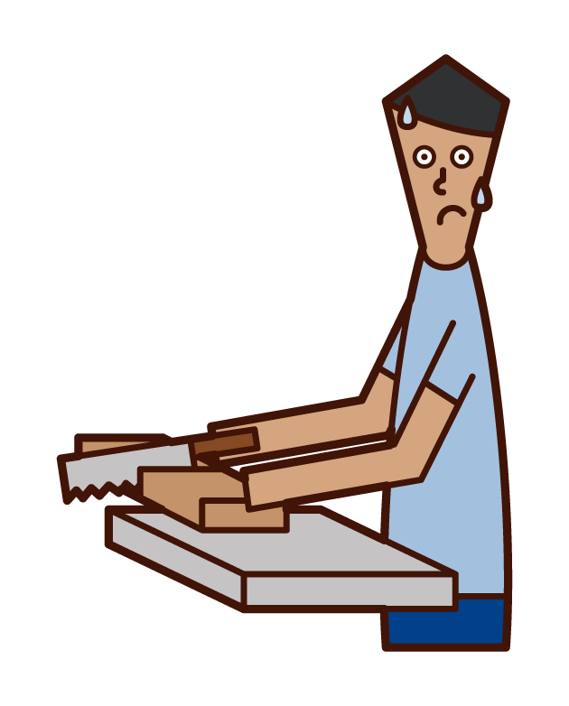 ノコギリで木材を切る人（男性）のイラスト
