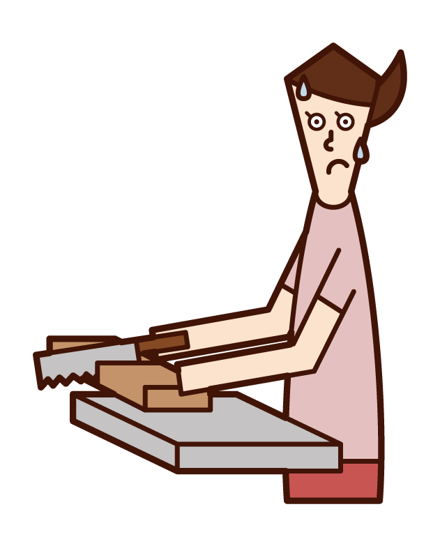 Illustration of a man cutting wood with a saw