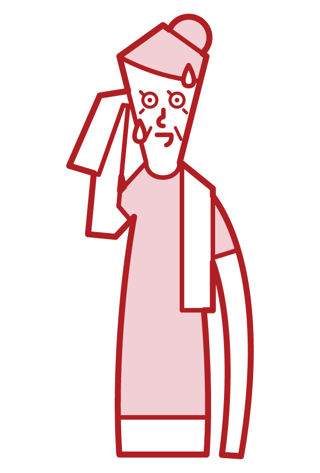 Illustration of a person (grandmother) wiping sweat with a towel