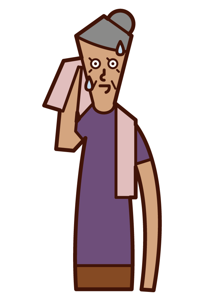 Illustration of a person (grandmother) wiping sweat with a towel