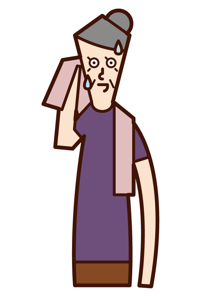 Illustration of a person (grandmother) wiping sweat with a towel