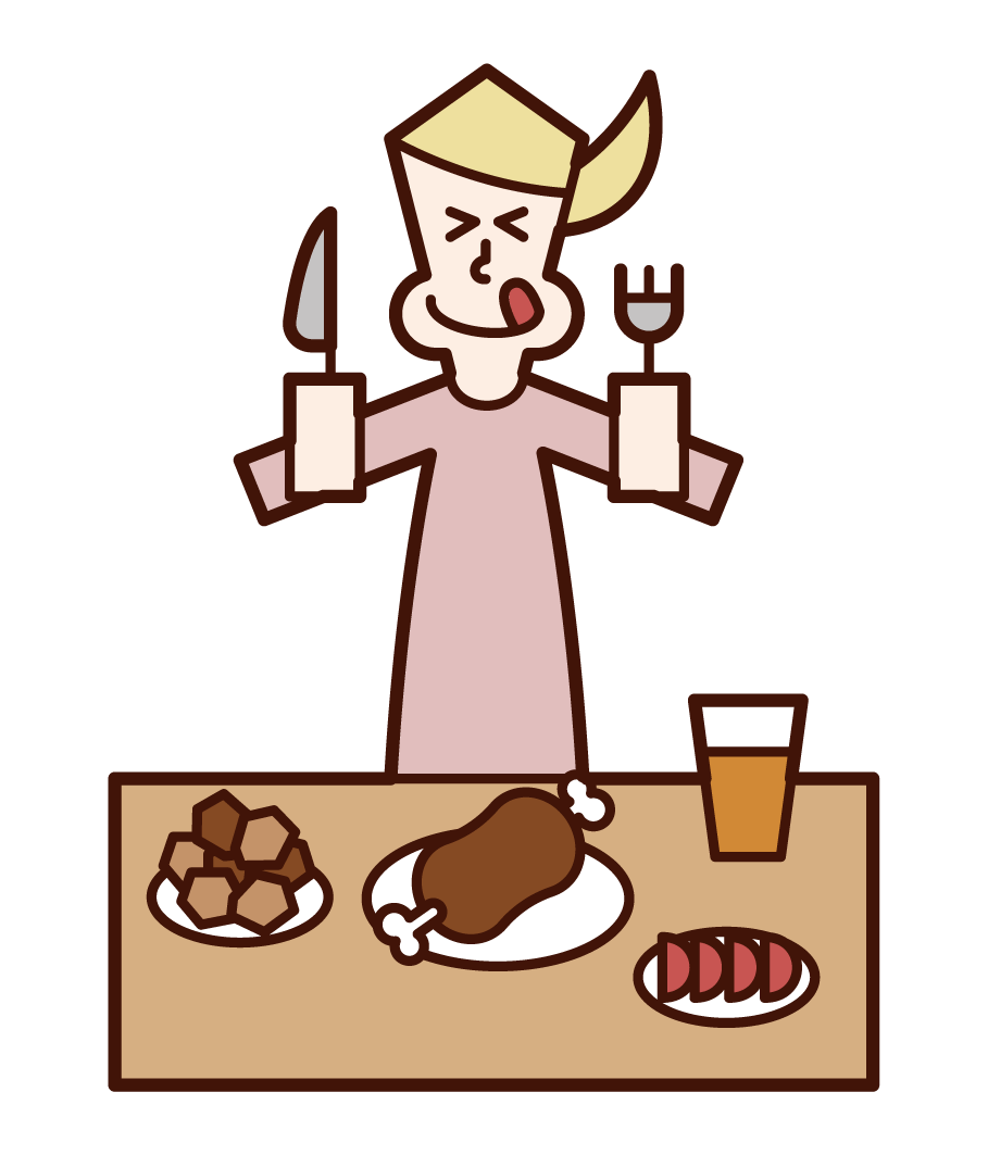 おいしそうに料理を食べる人（女性）のイラスト