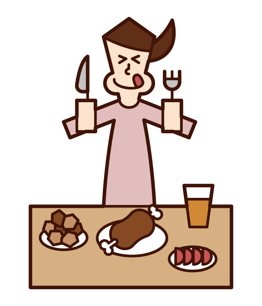 おいしそうに料理を食べる人（女性）のイラスト