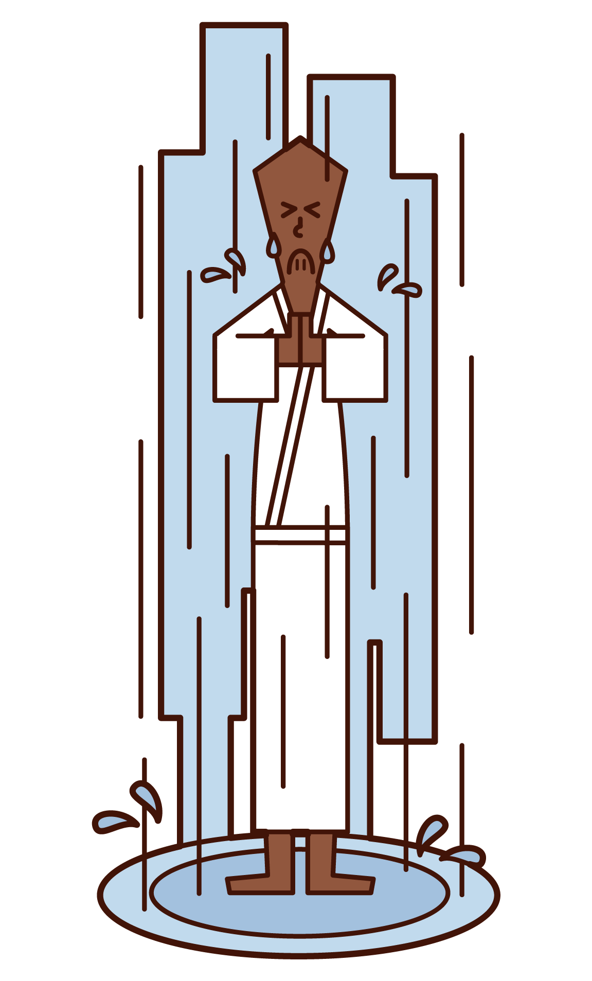 Illustration of a monk (man) going to a waterfall
