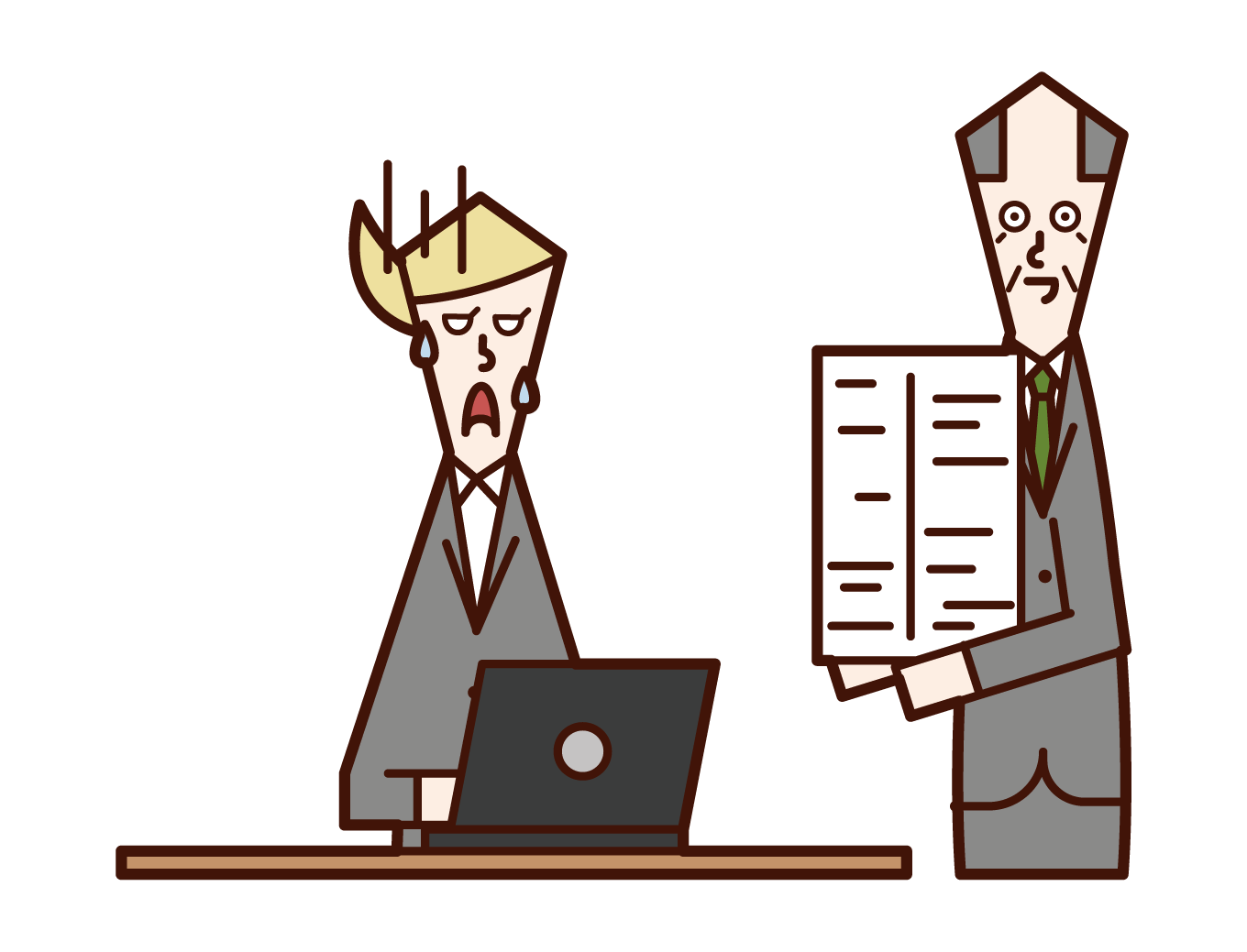 Illustration of a boss (man) who brought a lot of documents