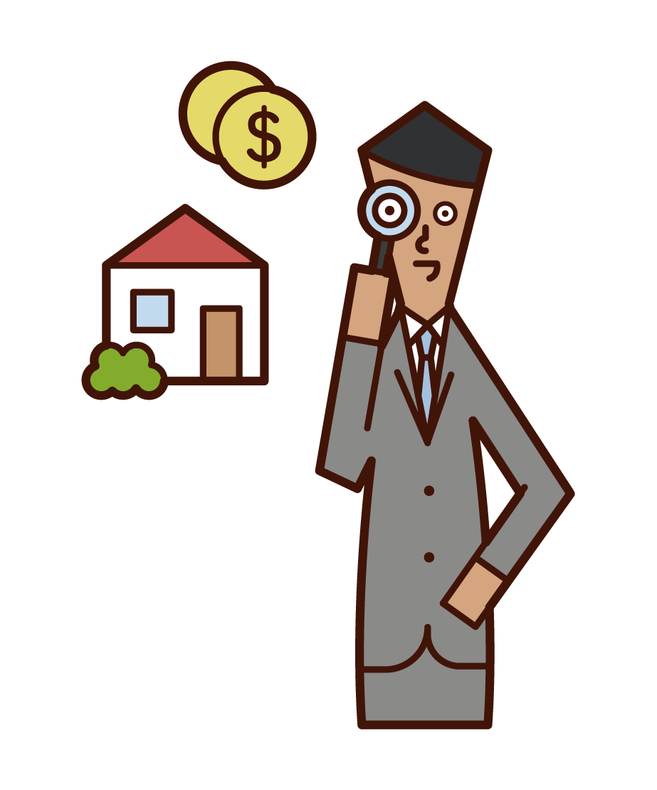 Illustration of a man assessing a house