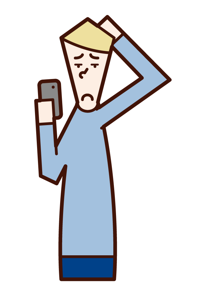 Illustration of a person (male) who does not know how to use a smartphone