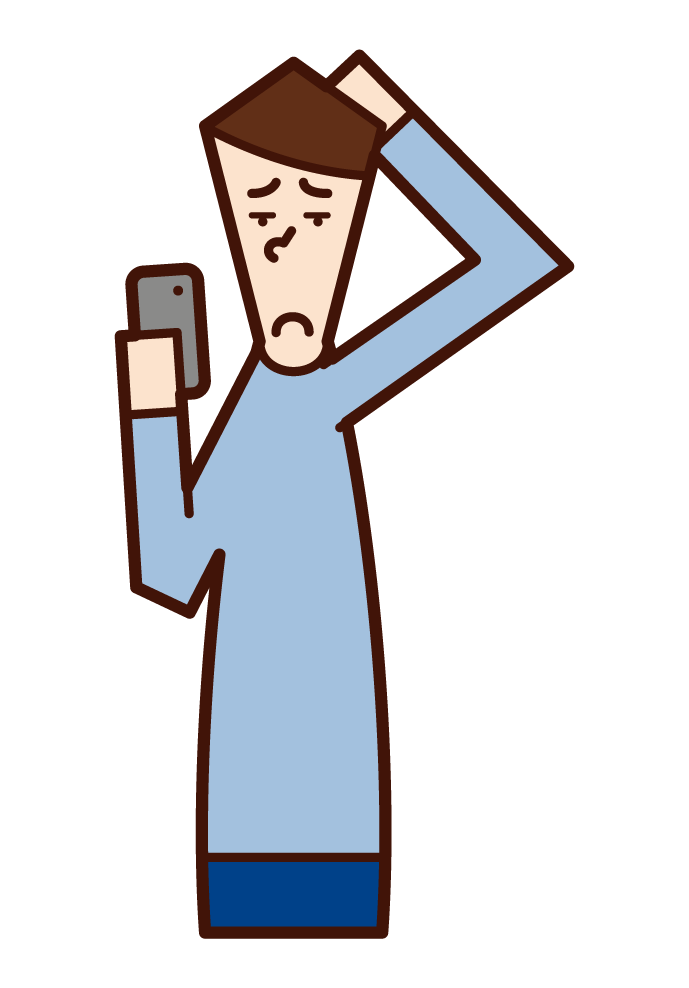 Illustration of a person (male) who does not know how to use a smartphone