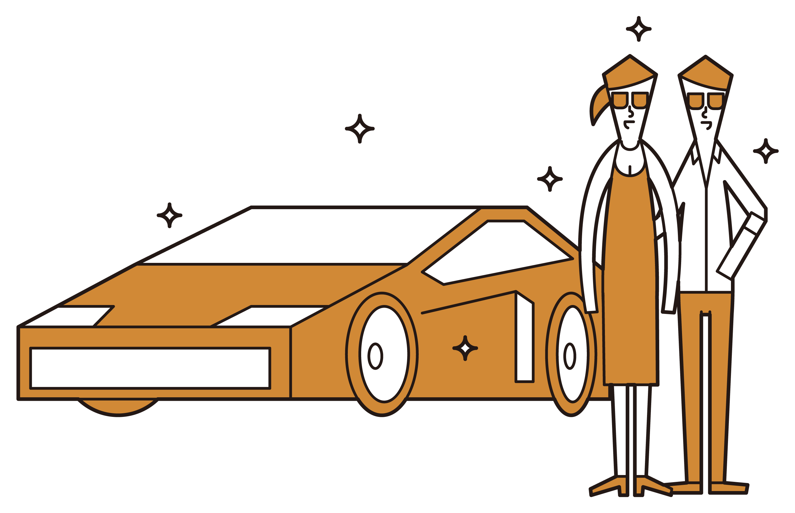 Illustration of a celebrity couple riding a supercar