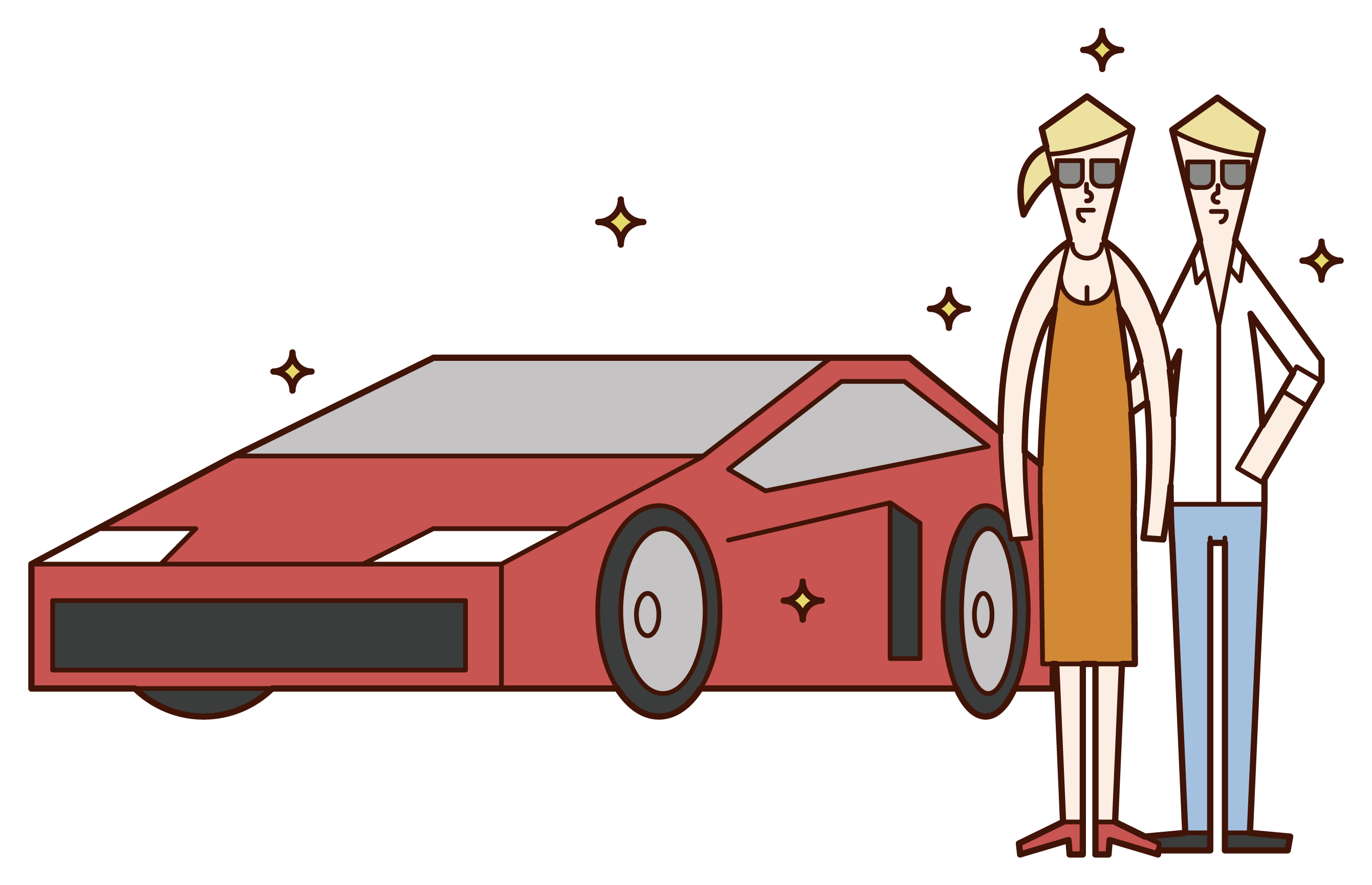 Illustration of a celebrity couple riding a supercar