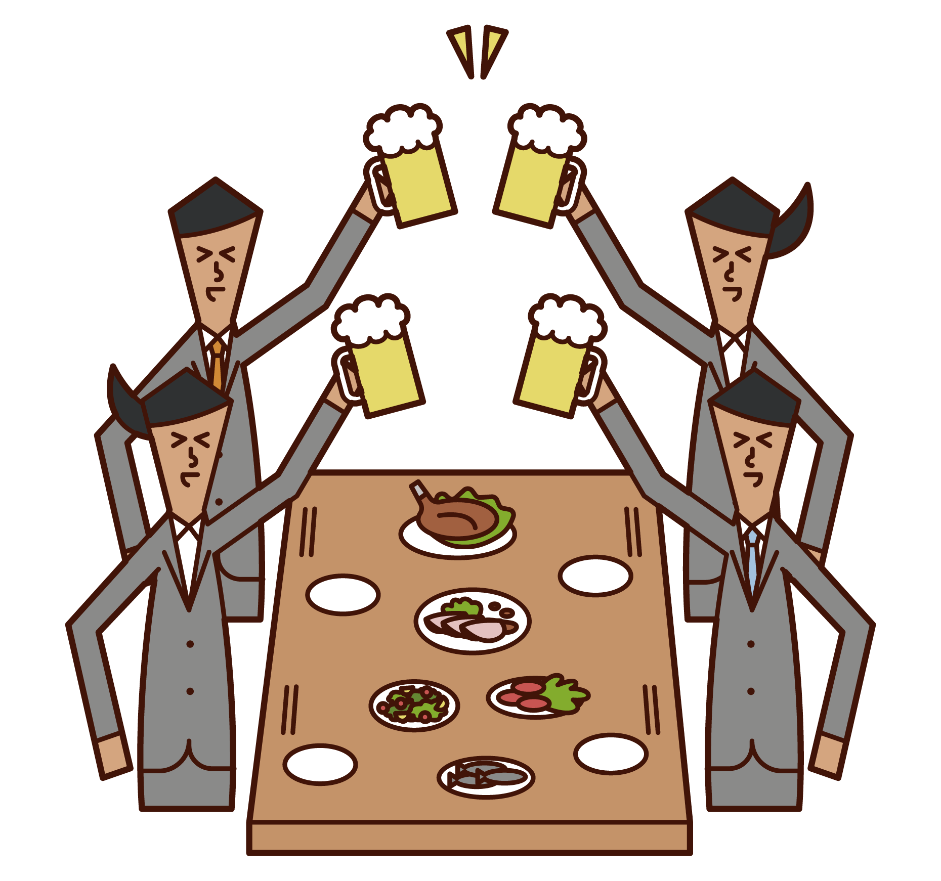 Illustrations of people toasting at a drinking party