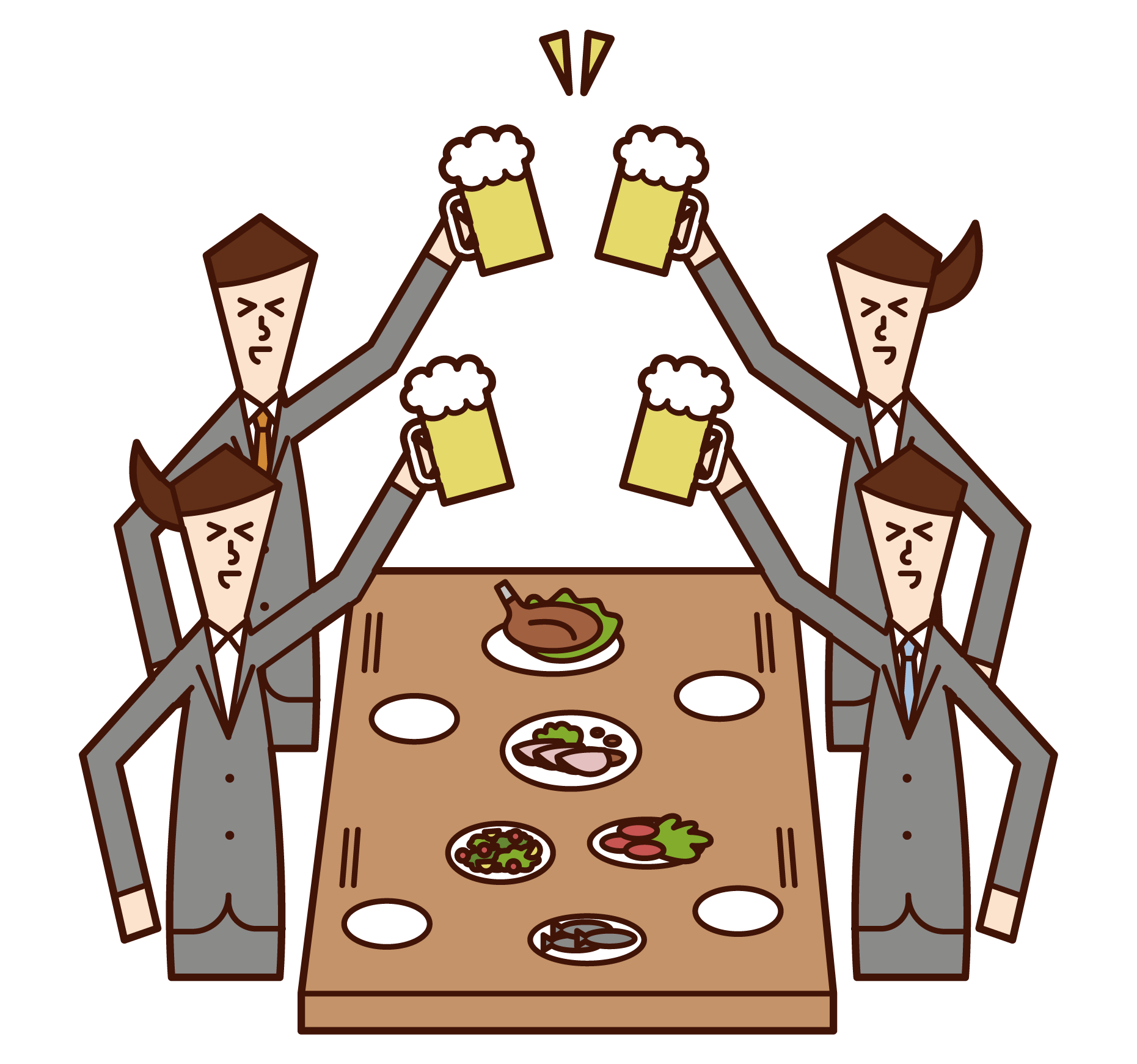 Illustrations of people toasting at a drinking party