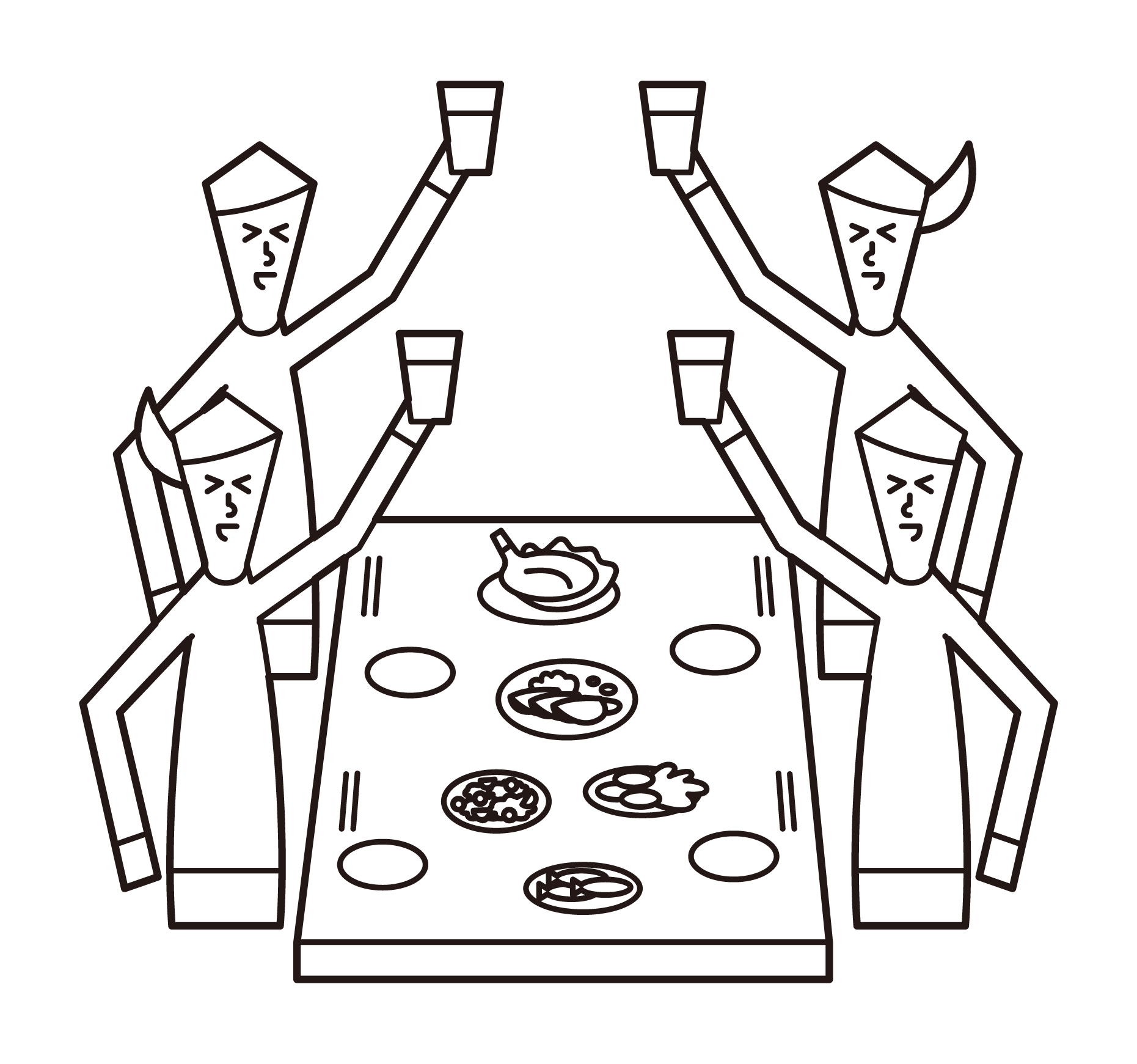 Illustration of people (men and women) toasting at a dinner party