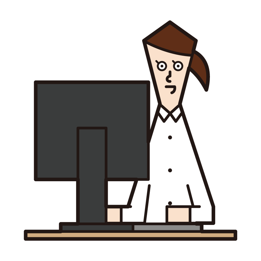 데스크톱 컴퓨터를 사용하는 여성의 그림