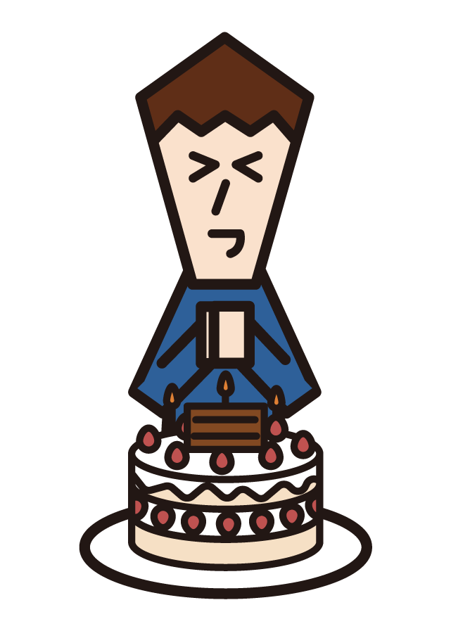 誕生日ケーキのろうそくの火を消す子供（男子）のイラスト