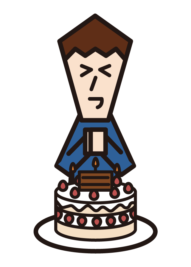 Illustration of a child (boy) extinguishing a candle on a birthday cake