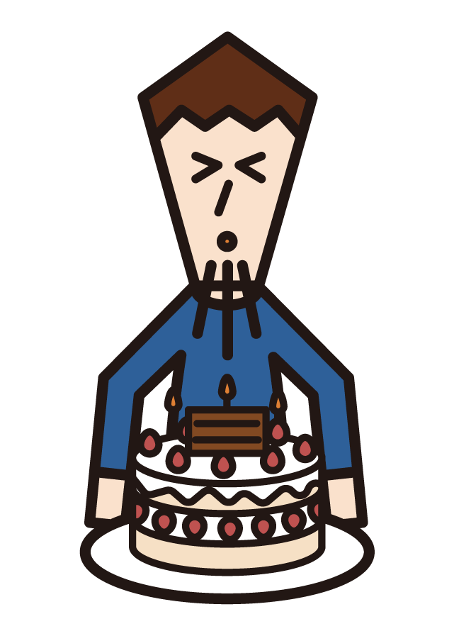Illustration of a child (boy) extinguishing a candle on a birthday cake
