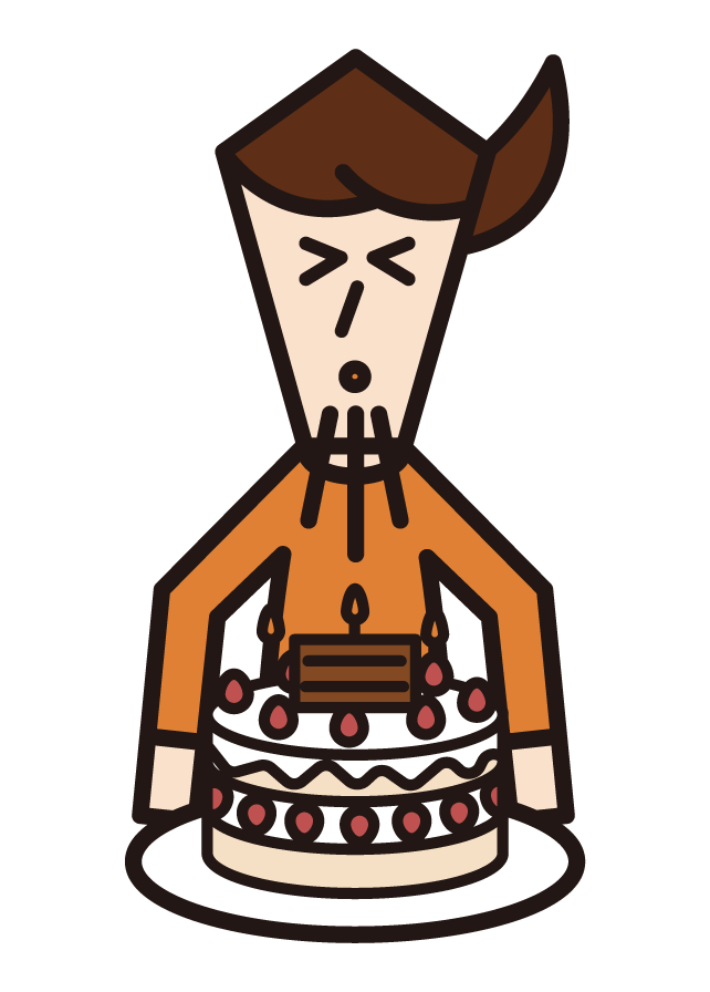 誕生日ケーキのろうそくの火を消す子供（男子）のイラスト