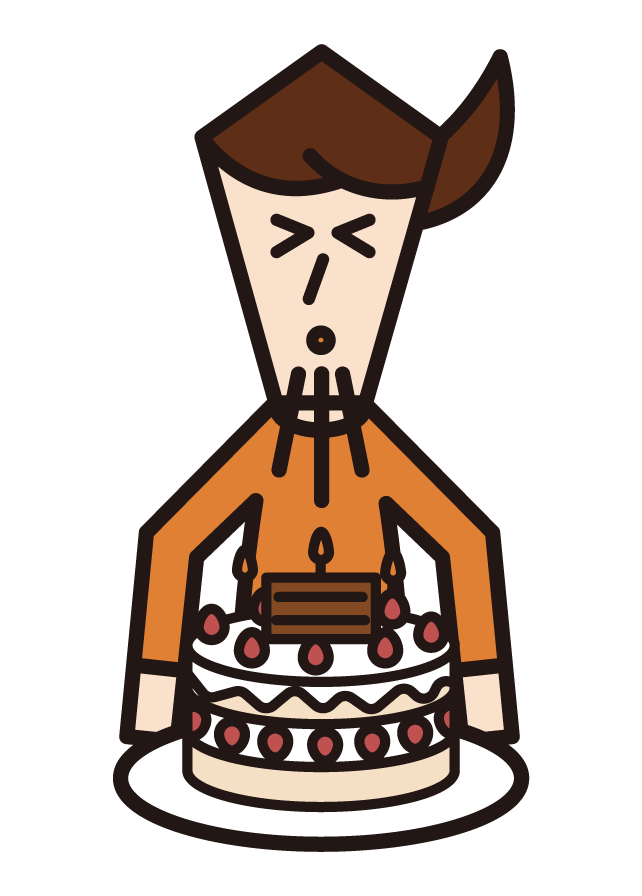 Illustration of a child (boy) extinguishing a candle on a birthday cake