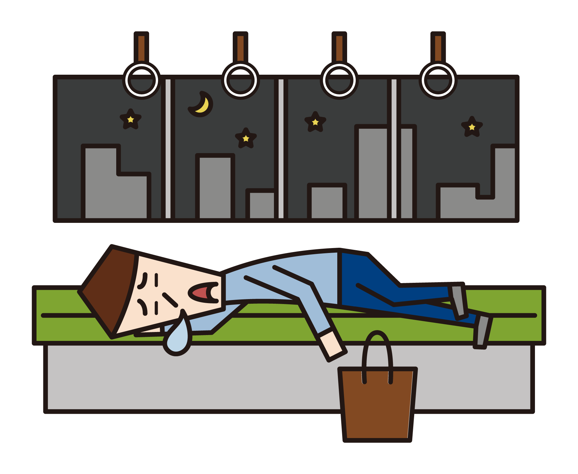 Illustration of a drunk person (man) sleeping on a train