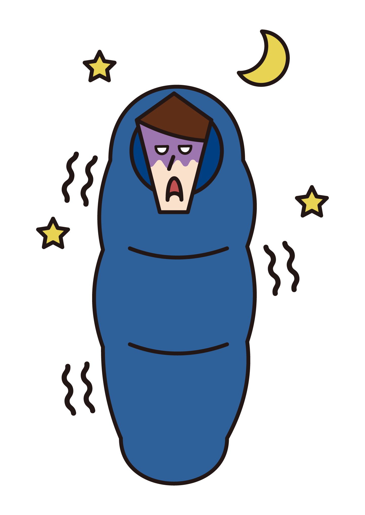 Illustration of a man (male) who sleeps in a sleeping bag and freezes