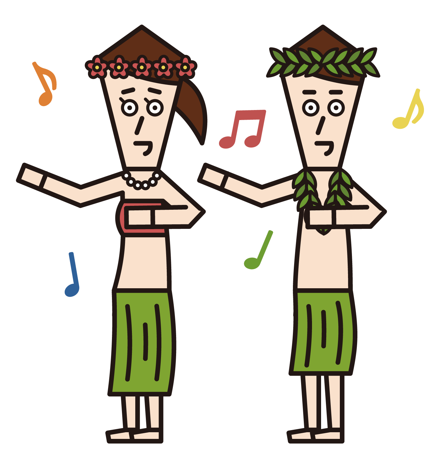 Illustrations of people dancing hula