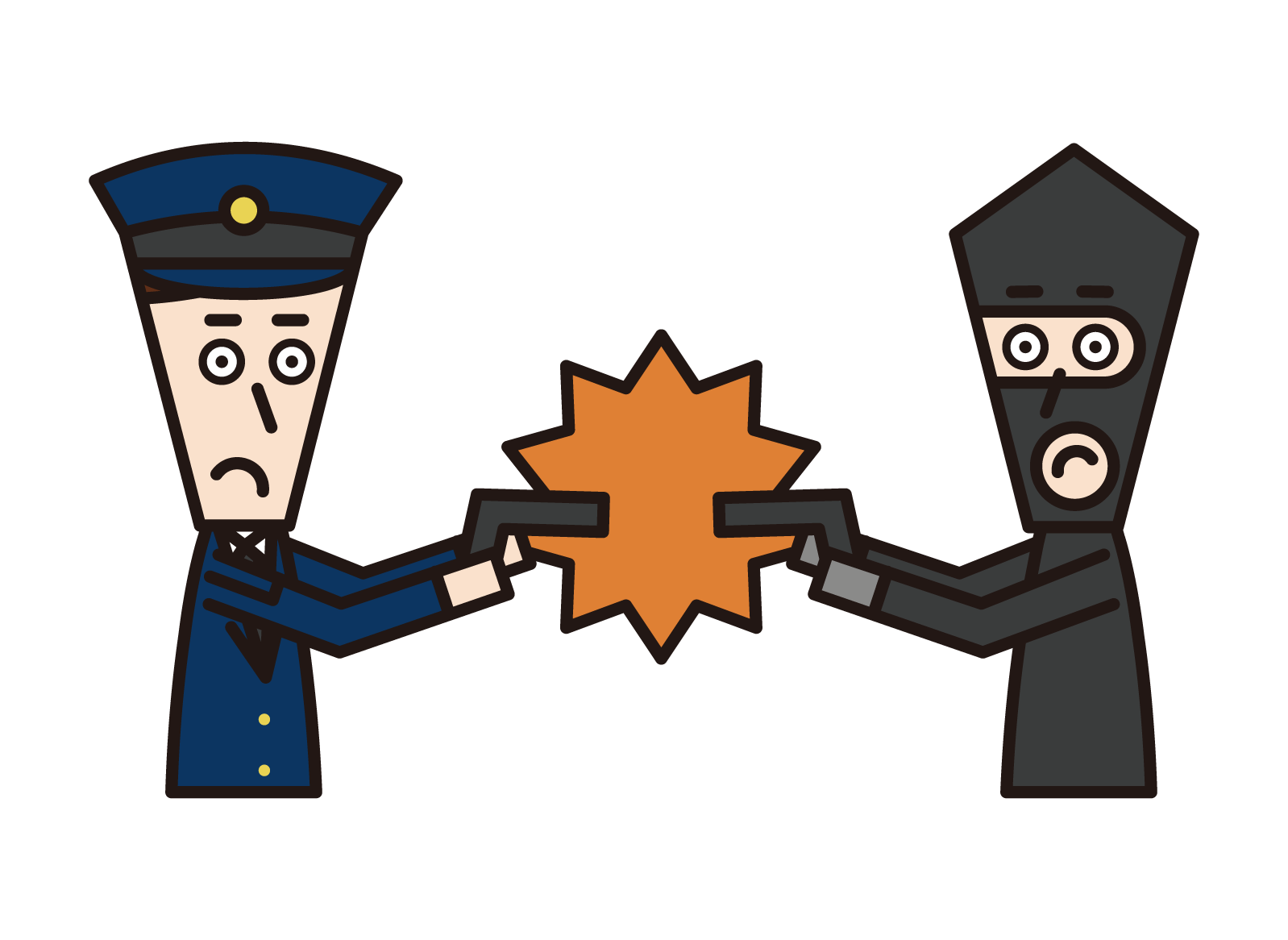 Illustration of a police officer (male) and robber (male) engaged in a shootout