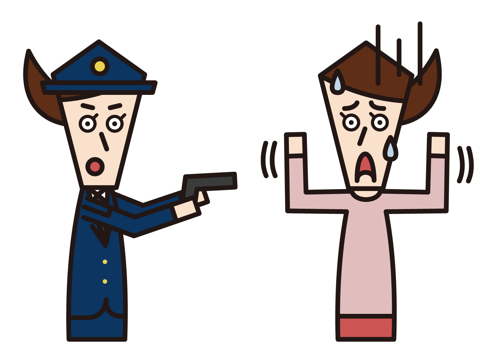 銃撃戦を繰り広げる警察官（女性）と強盗犯（男性）のイラスト
