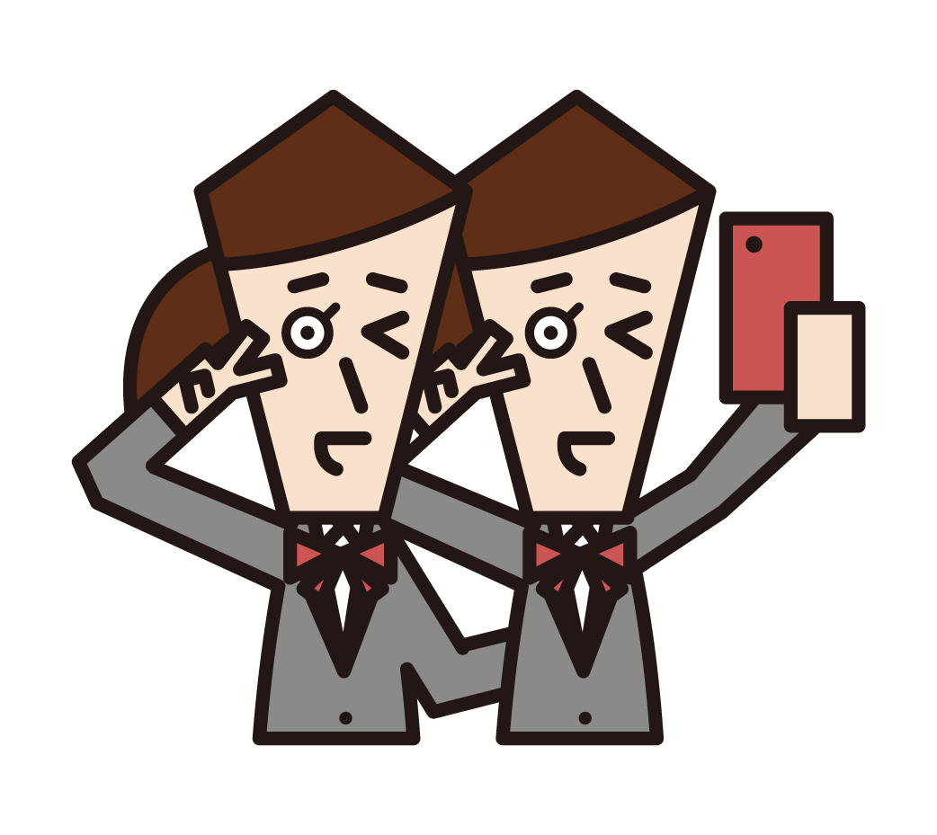Illustration of a male high school student and a junior high school boy taking a picture of himself with a smartphone